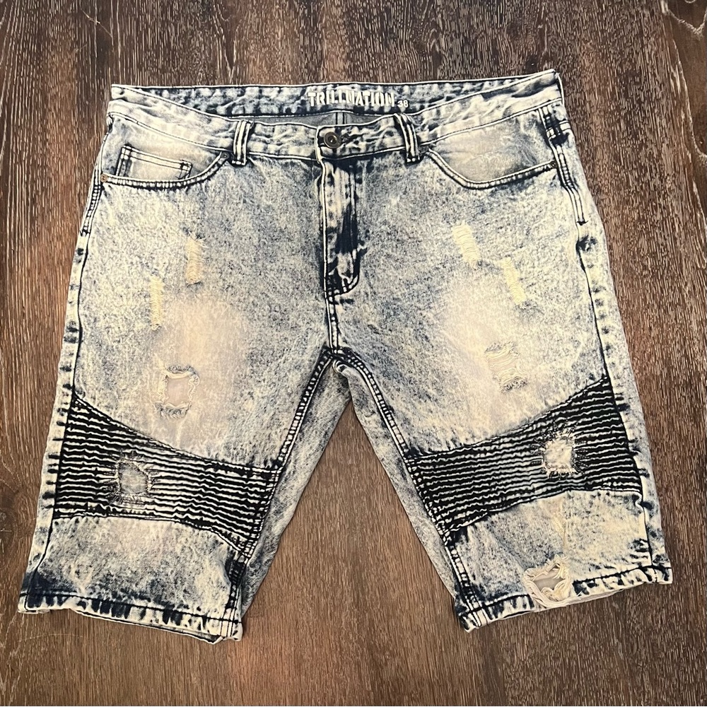 Trillnation Men’s Acid Washed Distressed Denim Shorts Size 38